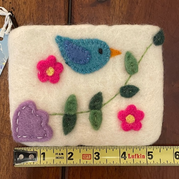 New NEPAL Fair Trade Felted Wool Bird Motif Flower Tiny Purse White Pink Blue - Picture 7 of 12